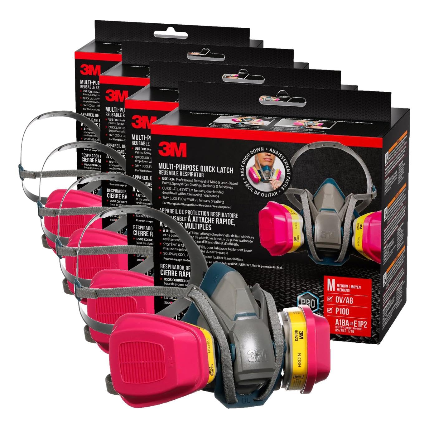 3M™ Multi-Purpose Quick Latch Reusable Respirator 65023QLH1-DC, OV/AG/P100, Mdm, 1-Fcpc, 1-pr of 60923 Crtrdg/Fltrs
