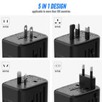 VYLEE Universal Travel Adapter, 5 in 1 International Power Adapter with 3.5A 2xUSB-A & 2xUSB-C Ports, Travel Plug Adapter Worldwide for Europe USA UK AUS Travel Essentials (Black Grey)