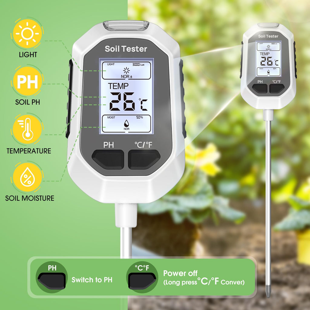 YAMRON 4-in-1 Soil Moisture Meter Digital Plant Temperature/Soil Moisture/pH Meter/Sunlight Intensity Backlight LCD Display Soil Test Meter for Gardening, Farming and Outdoor Plants