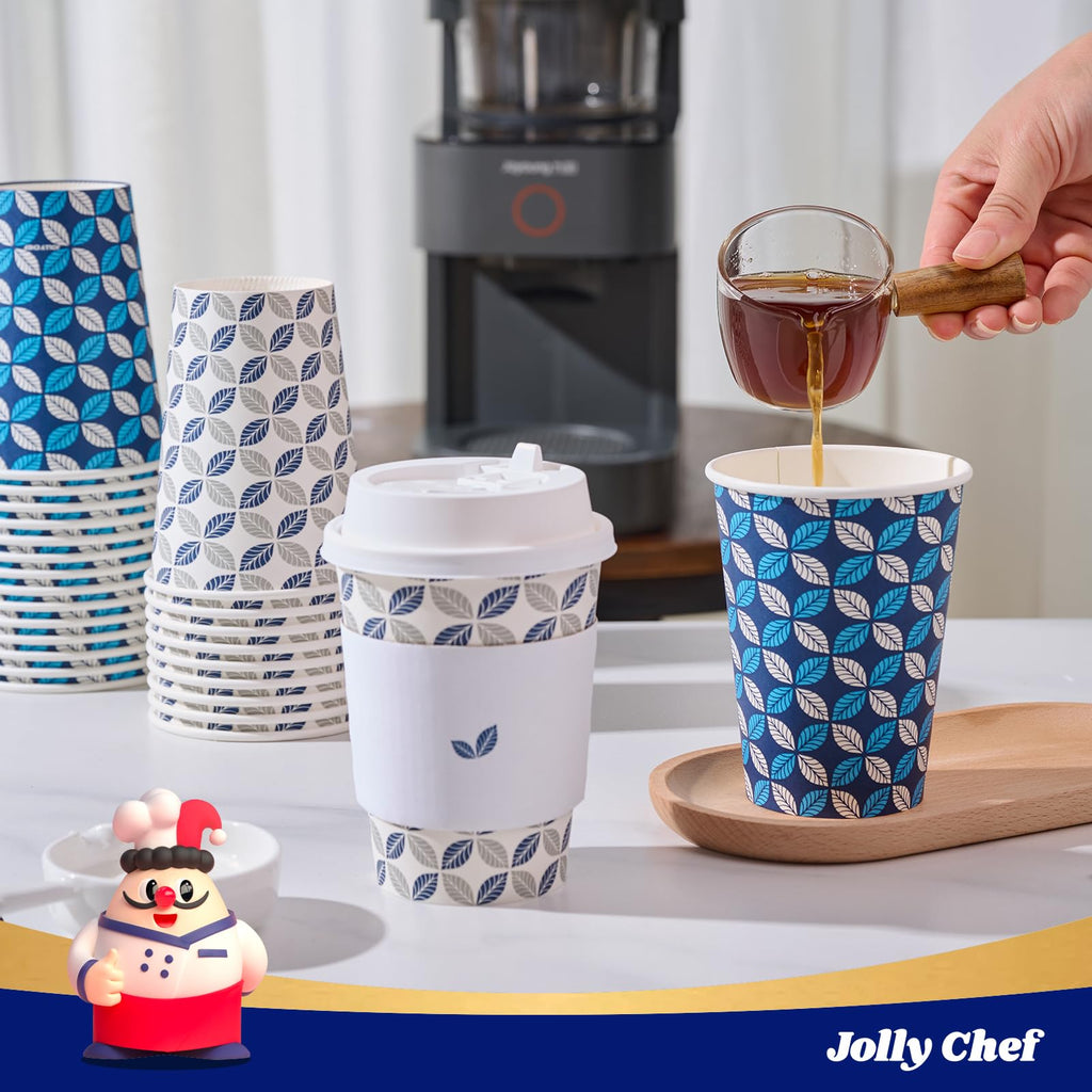JOLLY CHEF 12oz Paper Coffee Cups with Lids 100 Pack