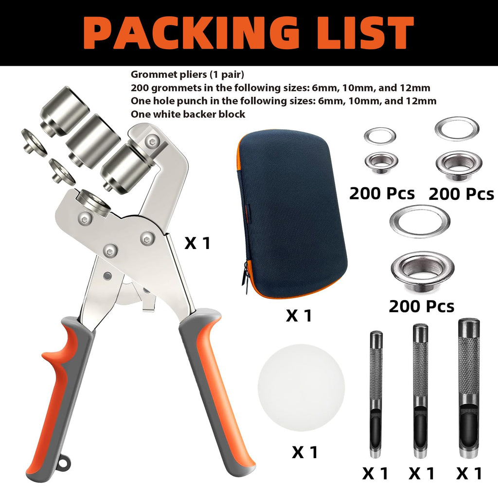 HAPDEN Heavy-Duty Grommet Kit (3/8“, 1/4”, and 1/2") Includes a Bag, 200 6 mm Grommets, 200 10 mm Grommets, and 200 12 mm Grommets. Eyelet and Grommet Tool kit for Tarps, Fabric, Leather, Banners