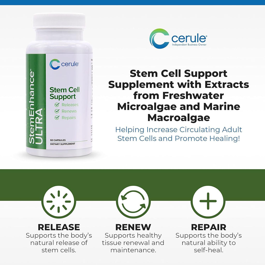 Cerule StemEnhance Ultra 2 Pack –Natural Stem Cell Support Supplement for Cellular Renewal, Immune Function, Energy, and Recovery–Freshwater Microalgae & Marine Macroalgae Extracts– 120 Capsules Total