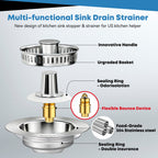Upgraded 3 in 1 Kitchen Sink Drain Strainer - Stainless Steel Sink Stopper, Anti-Clogging Sink Food Catcher Basket, Fast Drainage Odor Filter Sink Plug for US Standard 3 1/2 inch Drain (Silver-2Pack)