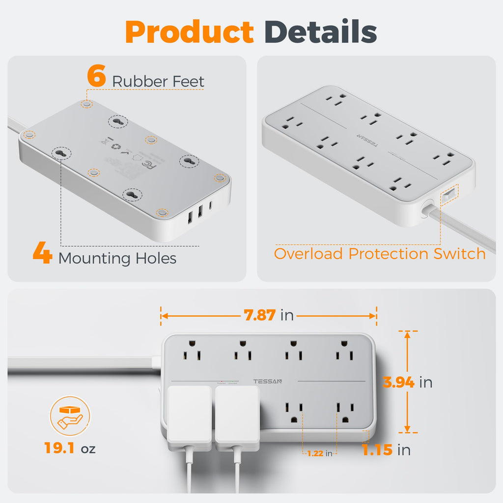 TESSAN Power Strip Surge Protector, 6FT Flat Plug Extension Cord