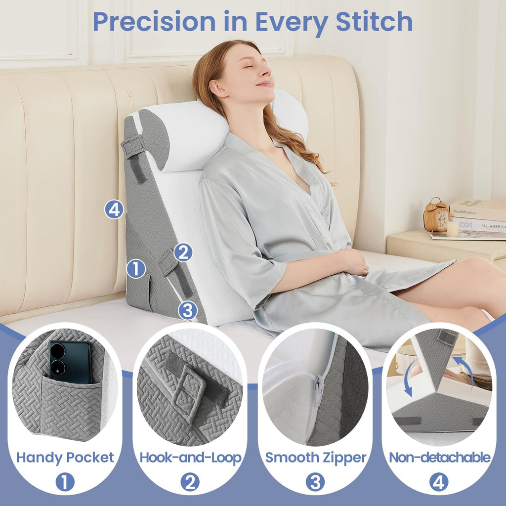 Sasttie Wedge Pillow Set for After Surgery, 2PCS Adjustable Bed Wedge Pillow Headboard with Memory Foam Neck Cushion – for Acid Reflux, Sleeping, Neck & Back Support, Dark Grey & White
