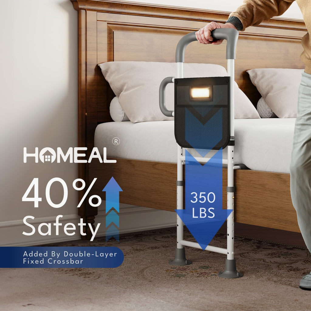 HOMEAL Bed Rails for Elderly Adults Safety - Adjustable Bed Assist Rails for Seniors, Adult Bed Guard Rail with Non-Slip Ergonomic Handle,Storage Pocket & Fixing Strap, 350 Tested(Grey, Without Light)