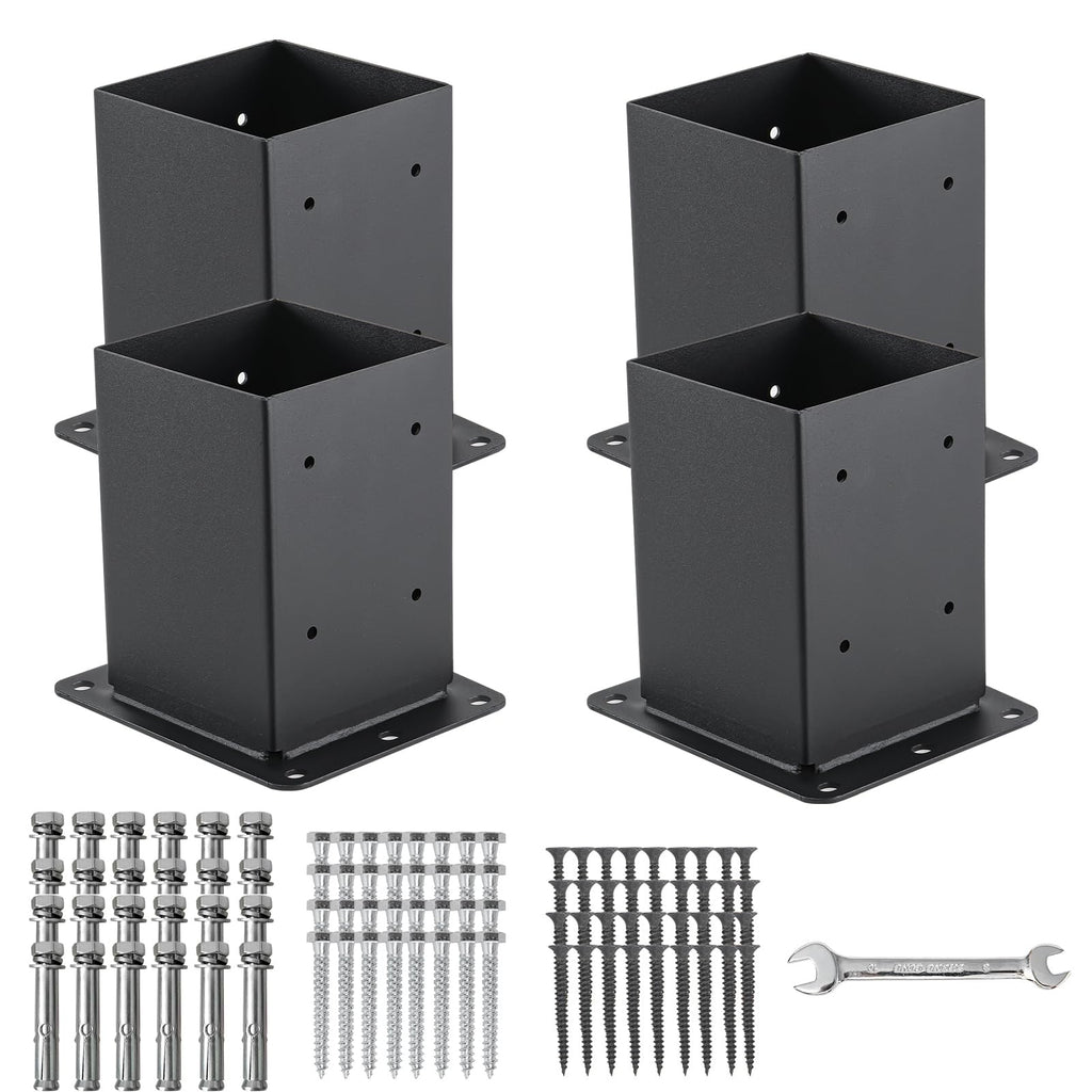 AXWHYS 4x4 Post Base 4 Pcs, (Inner Size 3.6x3.6) Post Anchors, 13GA Thick Solid Steel & Black Powder Coated,Deck Post Brackets Support Deck Base Plate Pergola Brackets Fence Kit Mailbox Mount