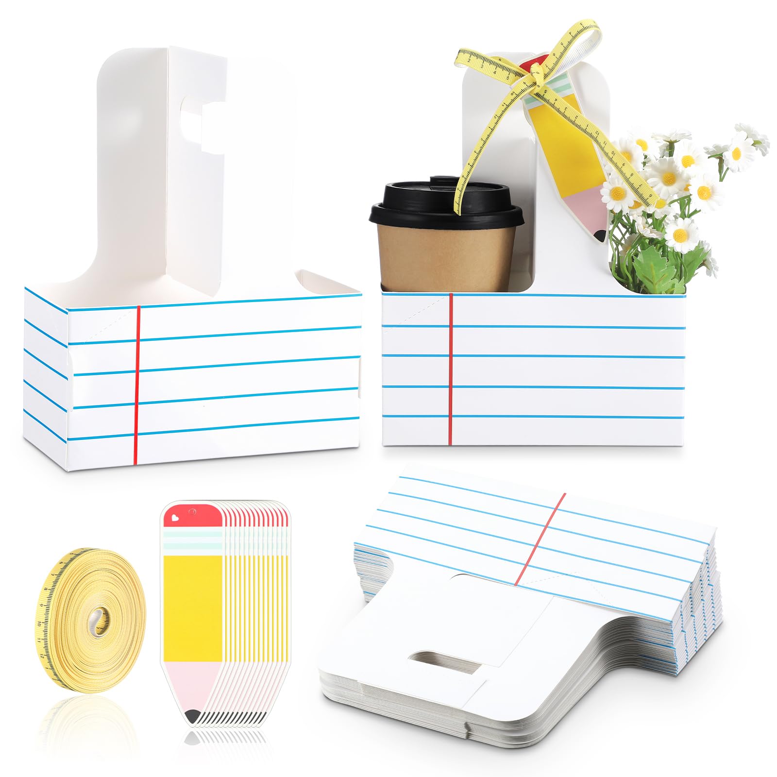 Reallnaive 12 Set Teacher Appreciation Gifts 2 Cup Drink Carrier with Greeting Card Ribbon Disposable Cup Holders with Handle for Back to School End of Year Party Favors (White,Stripe)