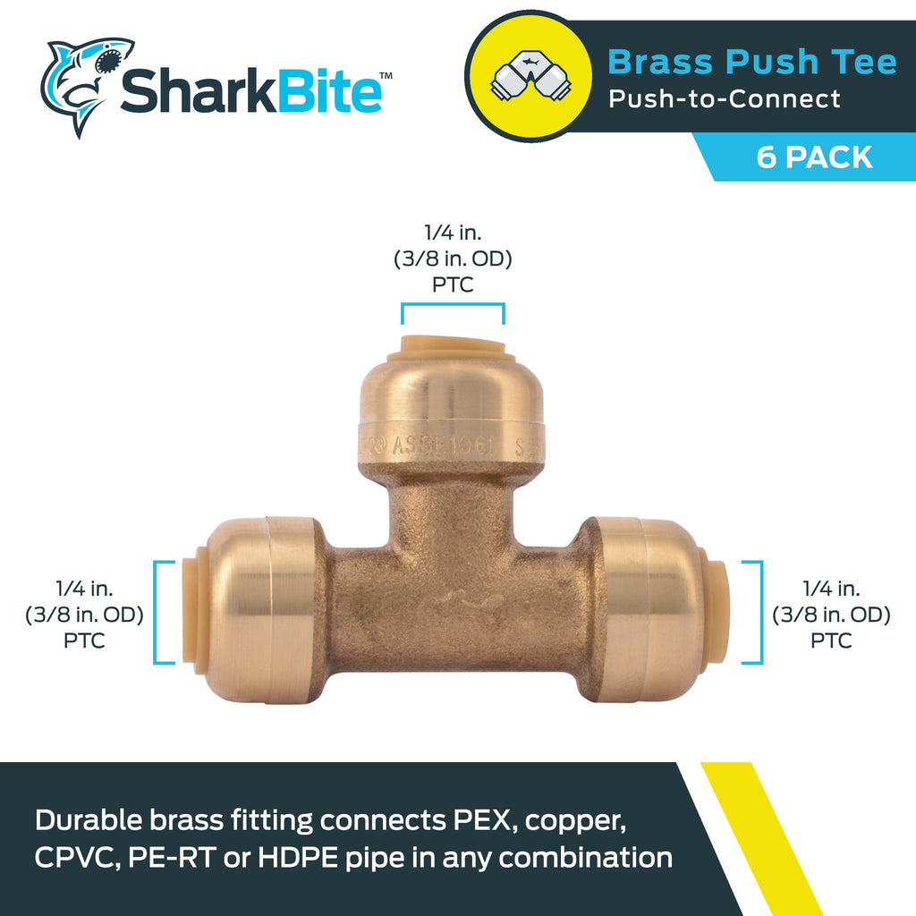 SharkBite 1/4 Inch (3/8 Inch OD) Tee, Pack of 6, Push to Connect Brass Plumbing Fitting, PEX Pipe, Copper, CPVC, PE-RT, HDPE, U358LF