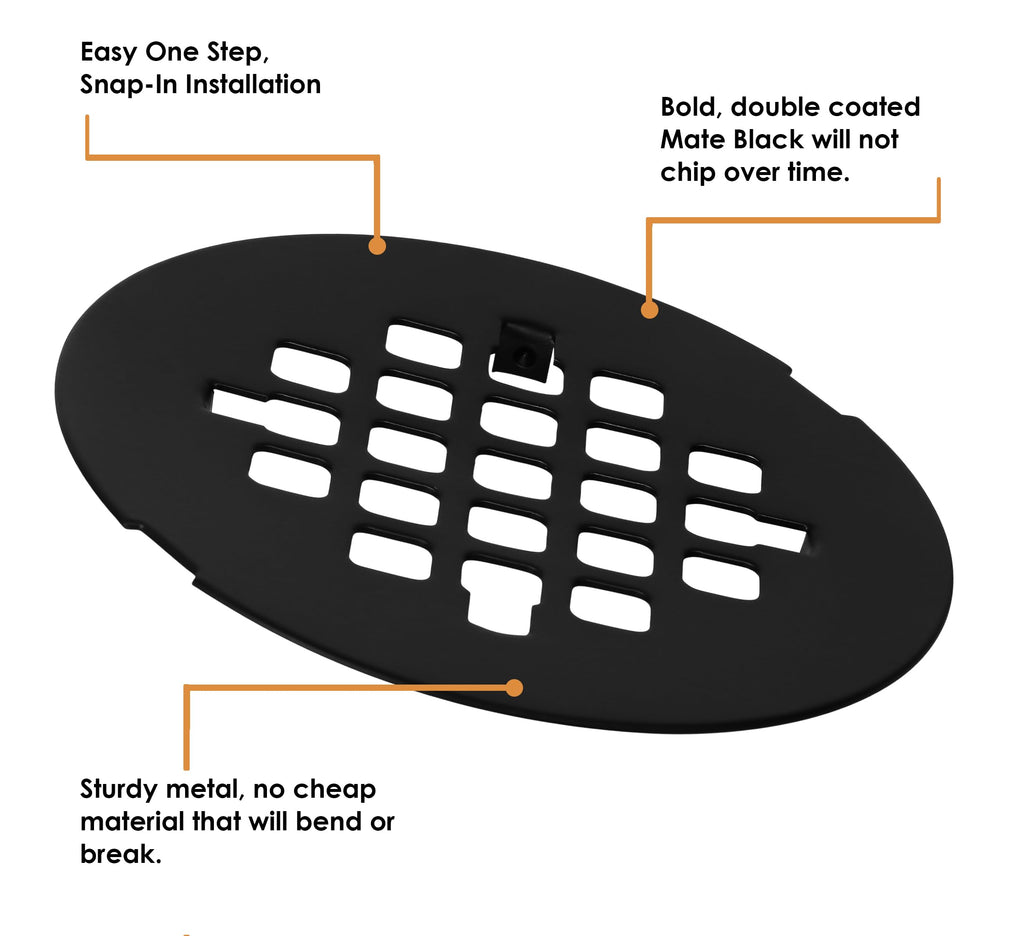 LXLOTUS 4 ¼” Matte Black Snap-in Shower Drain Cover - Premium Round Black Grate Replacement - 4.25" OD Strainer - Easy Install - Durable Solid Brass Construction