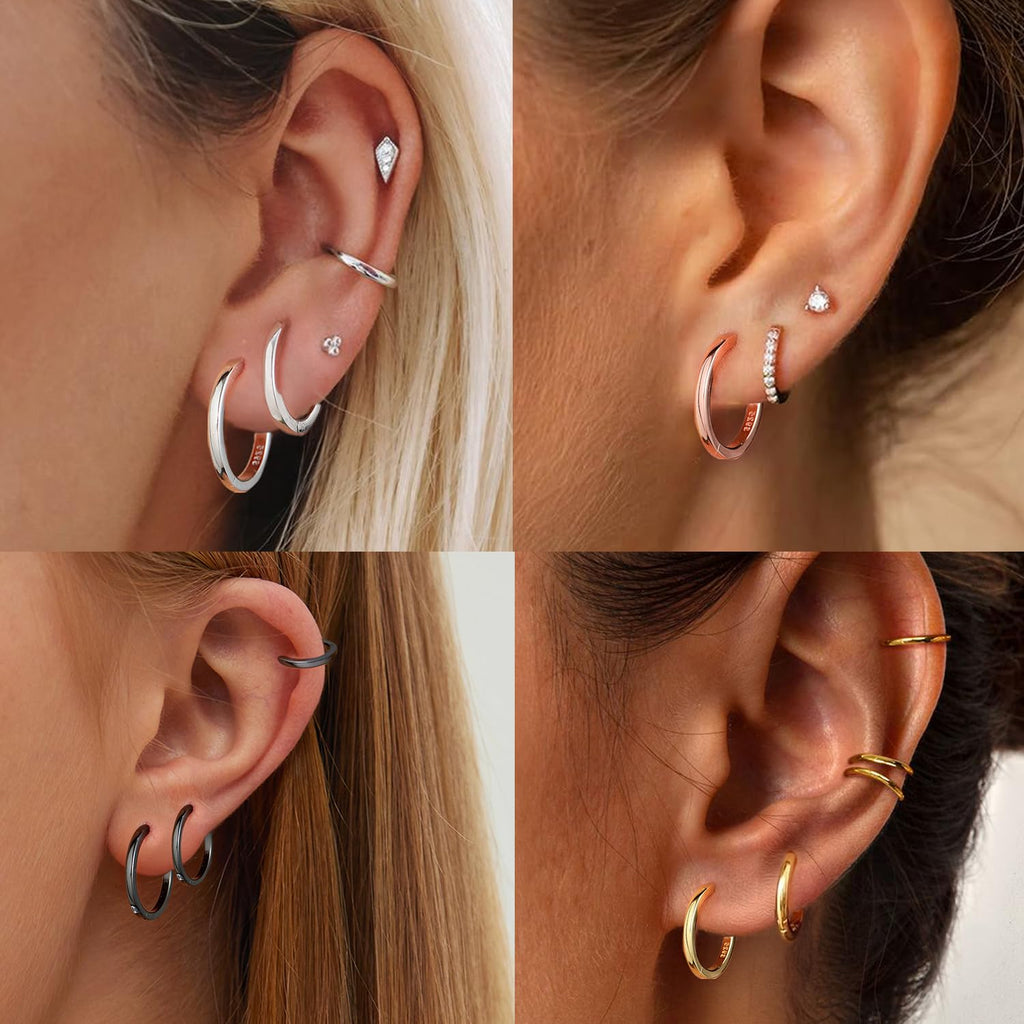 ChicSilver 925 Sterling Silver Huggie Hoop Earrings for Women Hypoallergenic White Gold Plated Cartilage Earrings Silver Huggies Earrings for Women 10MM