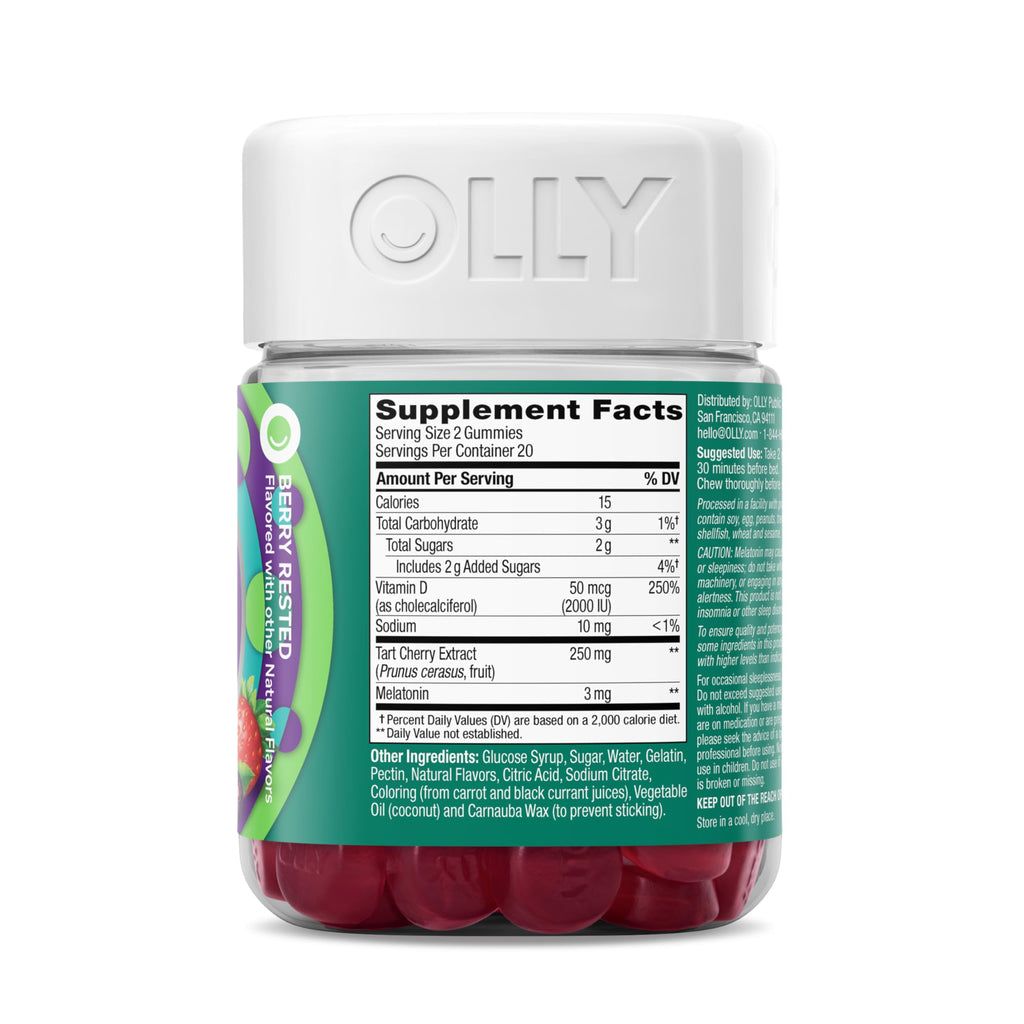 OLLY Muscle Recovery Sleep Gummies, Sleep and Sore Muscle Support, 3mg Melatonin, Tart Cherry, Vitamin D, Berry Flavor - 40 Count