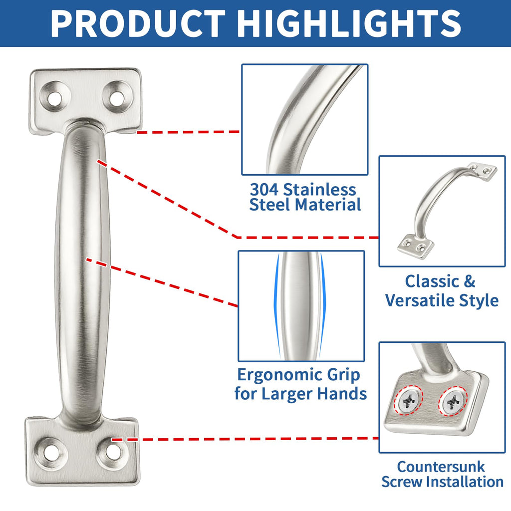 TamBee 6 Inch Gate Handle Outdoor 304 Stainless Steel Door Pull Handle Rustproof Barn Door Handles for Fences Garage Yard Kitchen Bathroom (4 Pack)