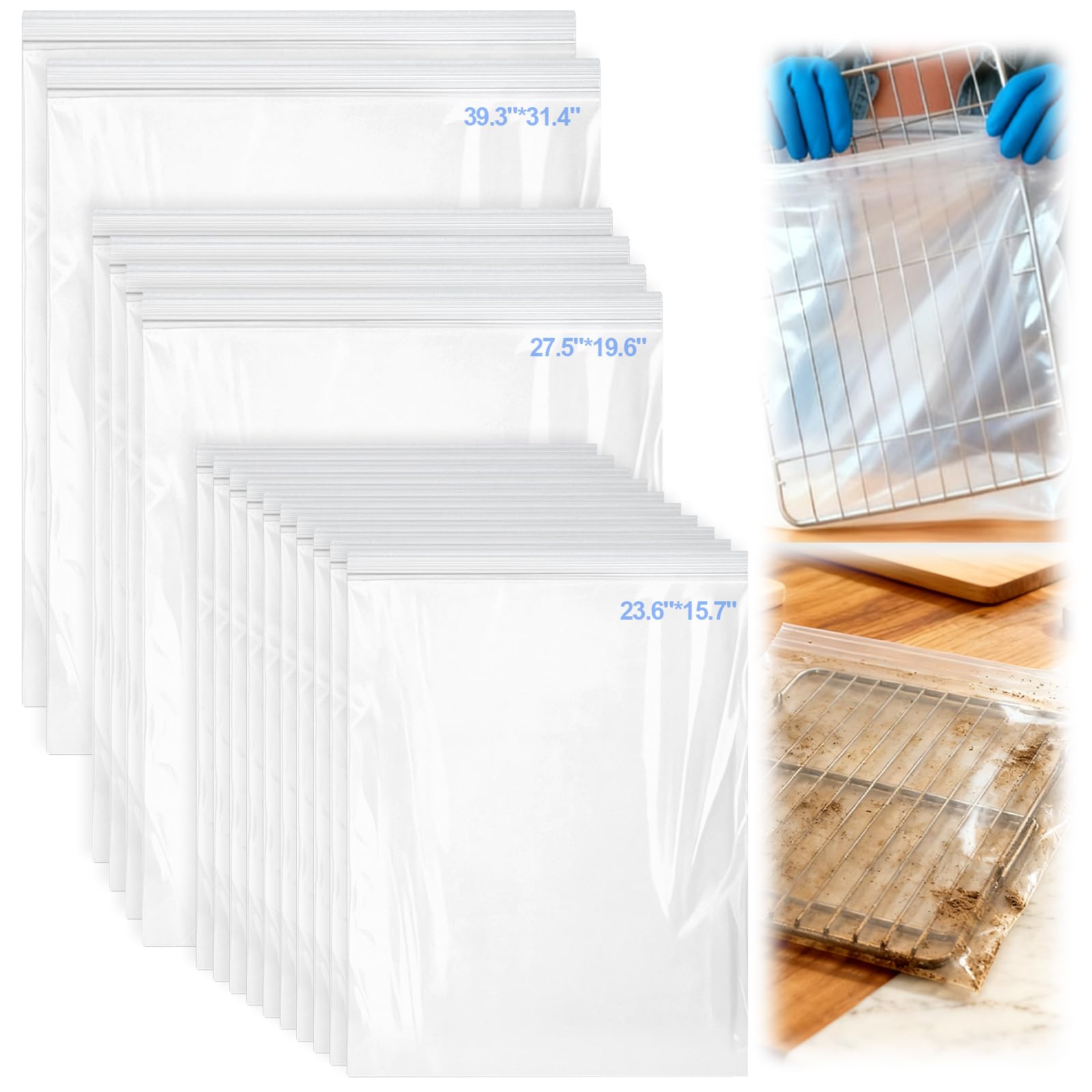 Palksky Oven Rack Cleaning Bags, 3 Sizes Heavy Duty No Scrub Oven Rack Cleaning Bags, Reusable Leak-Resistant PE Bags for Deep Soaking Grill Grates, BBQ Racks, No Cleaner Included, 16 Packs