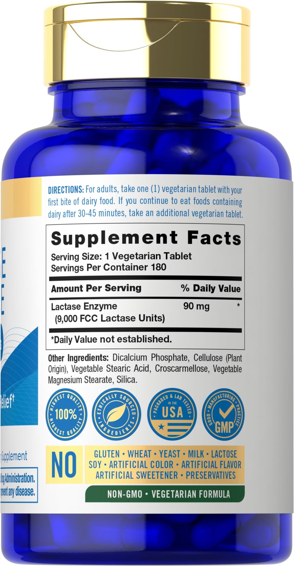 Carlyle Lactase Enzyme Tablets 9000 FCC | 180 Pills | Max Strength Dairy Relief | Fast Acting Formula | Vegetarian, Non-GMO, Gluten Free