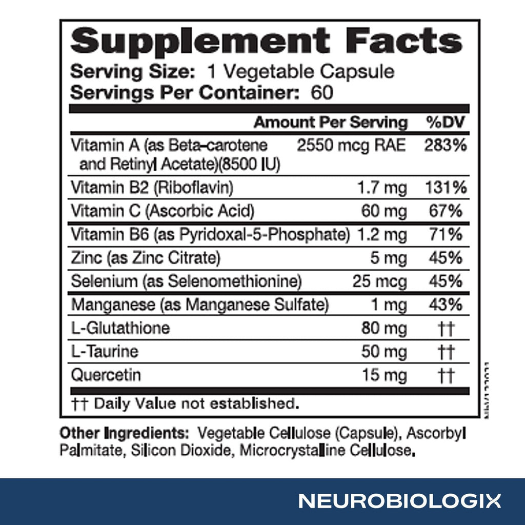 Neurobiologix Glutathione Ultra, L-Glutathione Antioxidant Complex with Vitamin C, A, B2, B6, Zinc, Selenium, Manganese, Taurine & Quercetin for Cellular Health, Gluten Free, 60 Vegetarian Capsules