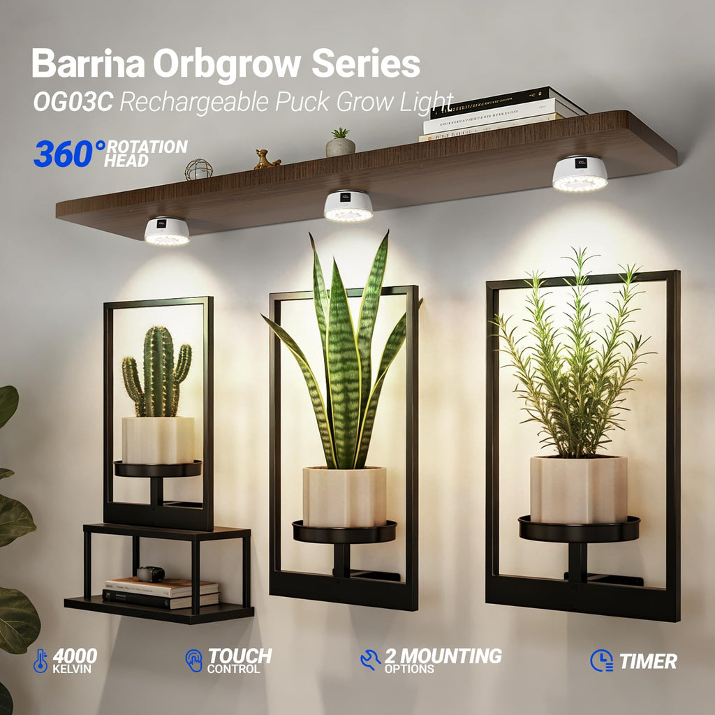 Barrina Orbgrow OG03C Rechargeable Puck Grow Light, 4000K, 1 Pack, White