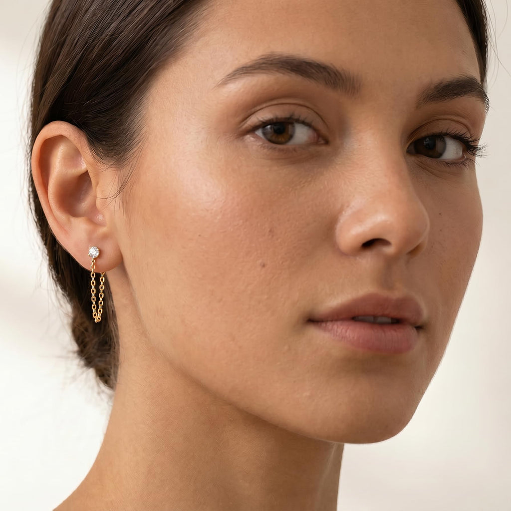 Reffeer 925 Sterling Silver CZ Chain Studs Earrings Dangle for Women Teen Girls CZ Chain Drop Earrings Studs (B-Gold)