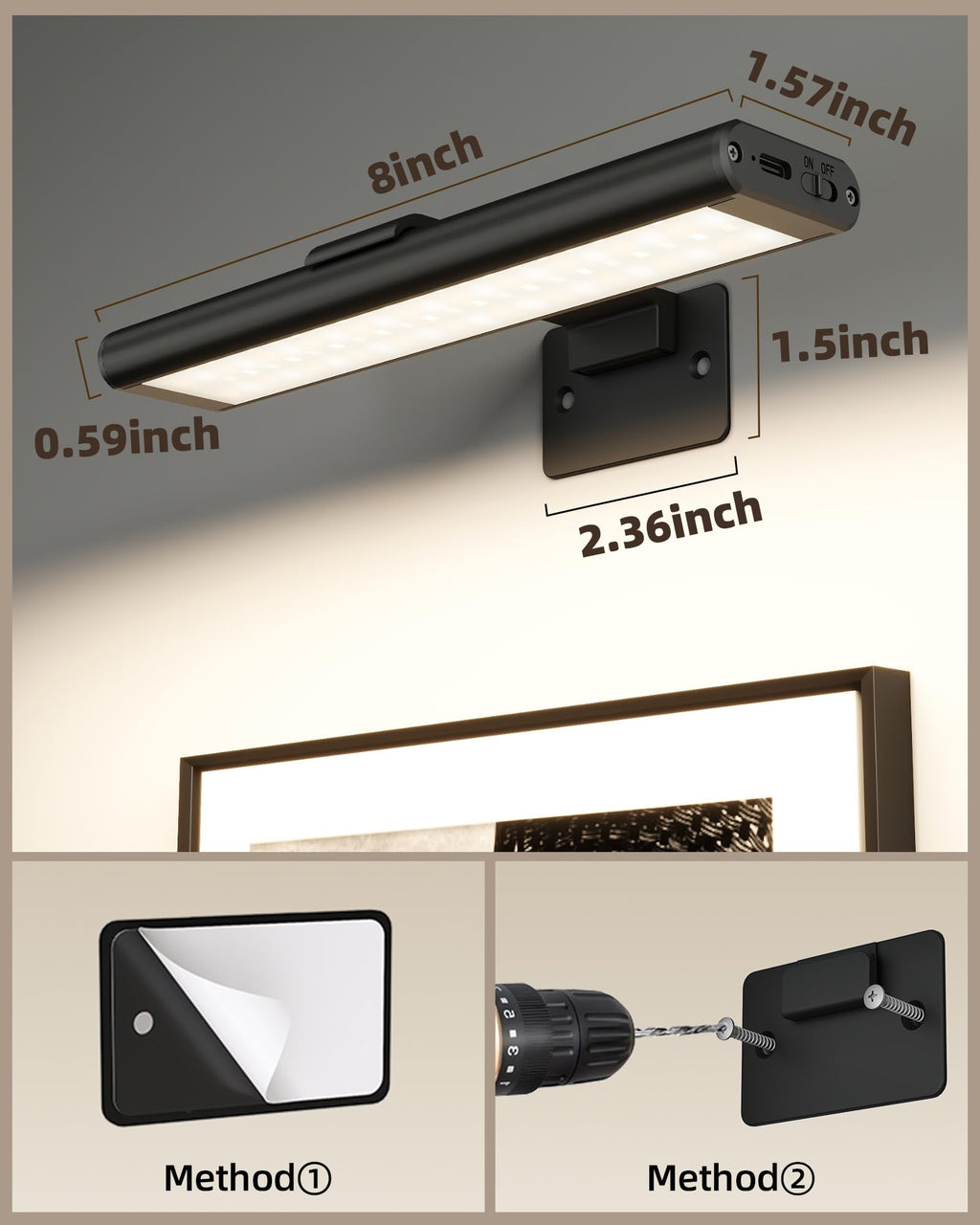 EZVALO Picture Light for Wall, Rechargeable 2400mAh Lights Wireless with IR Remote, 3 Color & Dimmable Magnetic 7.8'' LED Lights Display for Painting, Living Room, Gallery, Bedroom(Black-3P)