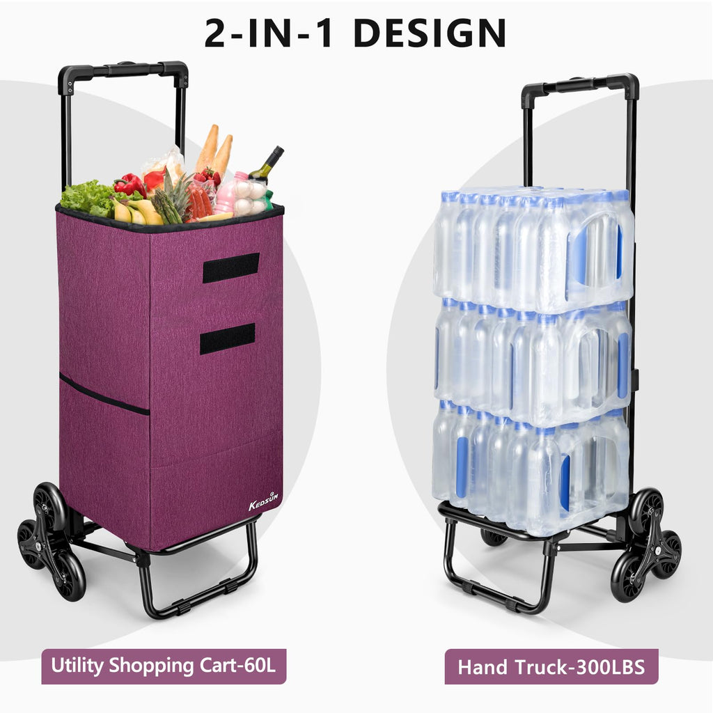 KEDSUM 2 in 1 Stair Climbing Cart, 60L/300LBS Grocery Cart on Wheels for Stairs, Shopping Carts for Groceries with Removable Waterproof Bag, Folding Shopping Carts for Stairs, Purple