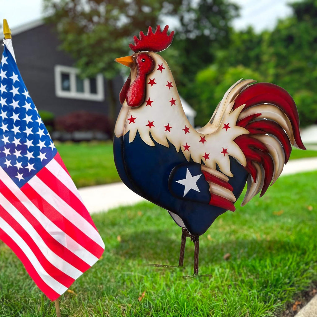 12 Inch American Flag Metal Rooster Yard Decor Outdoor 4th of July Decorations 2D Iron Patriotic Chicken Garden Statues Red White and Blue Art Yard Sign for USA 250th Anniversary Independence Day