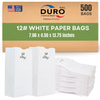 Duro 12# White Paper Lunch Bags 500 Count, Bulk Disposable SOS Paper Bags for Bread, Bagel, Deli & Restaurant Takeout or Delivery - 7.06 x 4.50 x 13.75 Inches