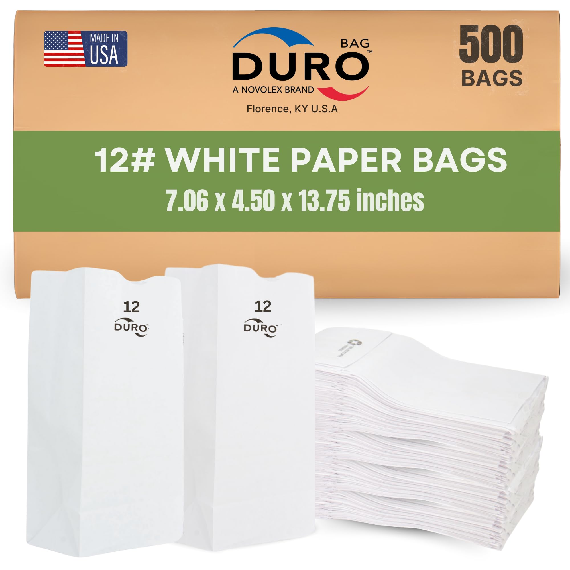 Duro 12# White Paper Lunch Bags 500 Count, Bulk Disposable SOS Paper Bags for Bread, Bagel, Deli & Restaurant Takeout or Delivery - 7.06 x 4.50 x 13.75 Inches