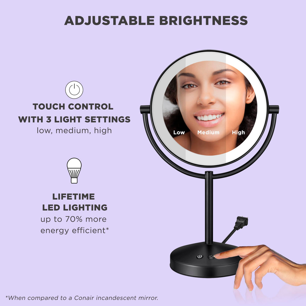 Conair Lighted Makeup Mirror, Double-Sided LED Vanity Mirror with 1X/10X Magnification, 3 Light Settings, 3 Modes, 360° Rotation, Matte Black Finish