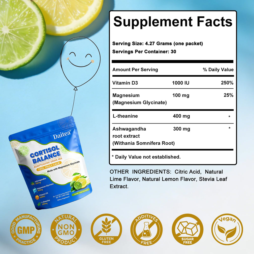 Cortisol Calm Drink Mix with Magnesium Glycinate Powder, L-Theanine, Vitamins, and Ashwagandha for Relaxation & Focus | Adaptogen Drink & Cortisol Support | 30 Packets (Lemon & Lime Flavor)