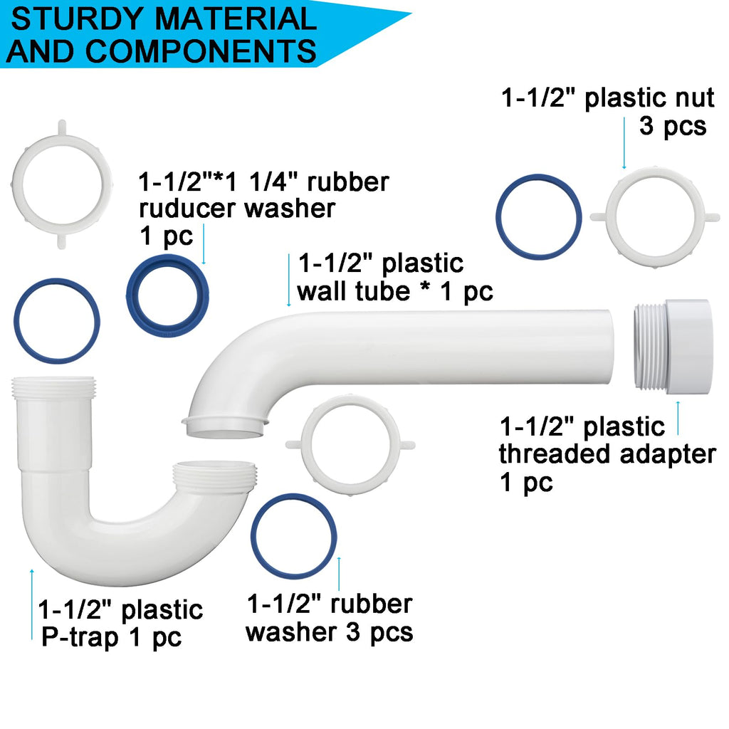 (1 Pack) Yariwiz White P Trap 1 1/2 Inch for Bathroom Kitchen Sink Drain Pipe Tubular Kit with White Threaded Adapter and Blue TPE Washer KSD-001W