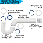 (1 Pack) Yariwiz White P Trap 1 1/2 Inch for Bathroom Kitchen Sink Drain Pipe Tubular Kit with White Threaded Adapter and Blue TPE Washer KSD-001W