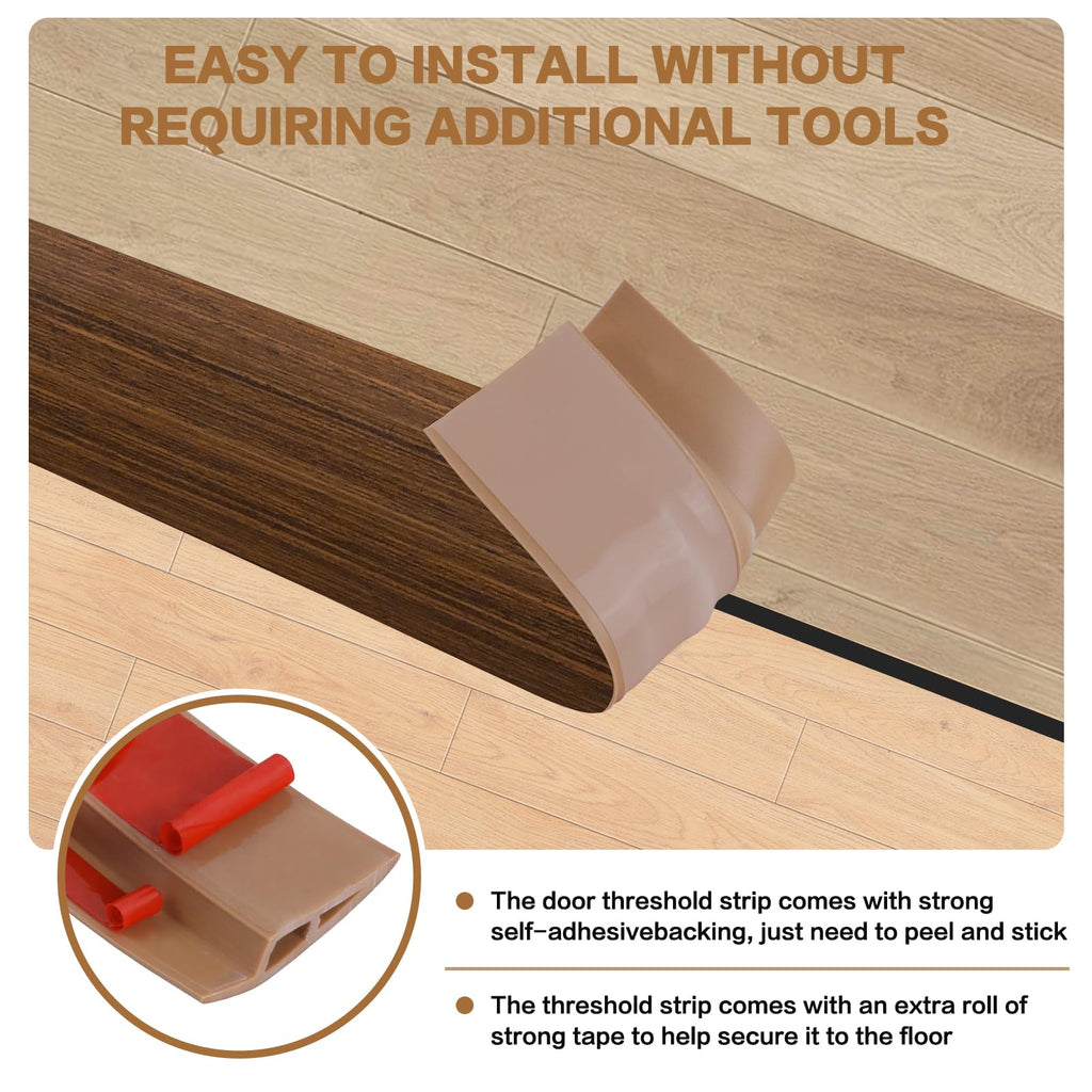Floor Transition Strip Vinyl Door Threshold Ramp Self Adhesive Carpet Edging Strip Doorway Edge Trim, Overlap Edge Reducer for Laminate Carpet, Floor, Tile (Brown Wood Grain, 1/5" to 2/5", 6.6Ft)