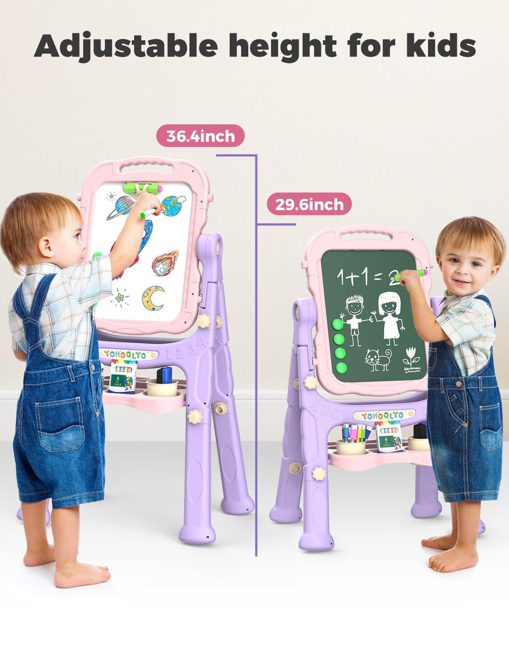 YOHOOLYO Kids Easel Standing Art Easel for Kids, Double Sided Children Pink Purple Easel Magnetic Chalkboard Whiteboard Dry Eraser Board Great Gift for Girls