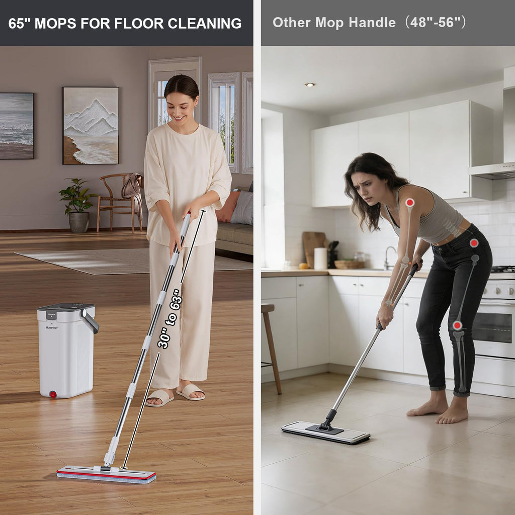 HoMettler Mop and Bucket Set, 3-Tank Flat Mop and Bucket System for Separate Dirty & Clean Water, 65" Mops for Floor Cleaning with 6 Washable Pads, Safe for Hardwood, Vinyl, Tile, Baseboards, Walls