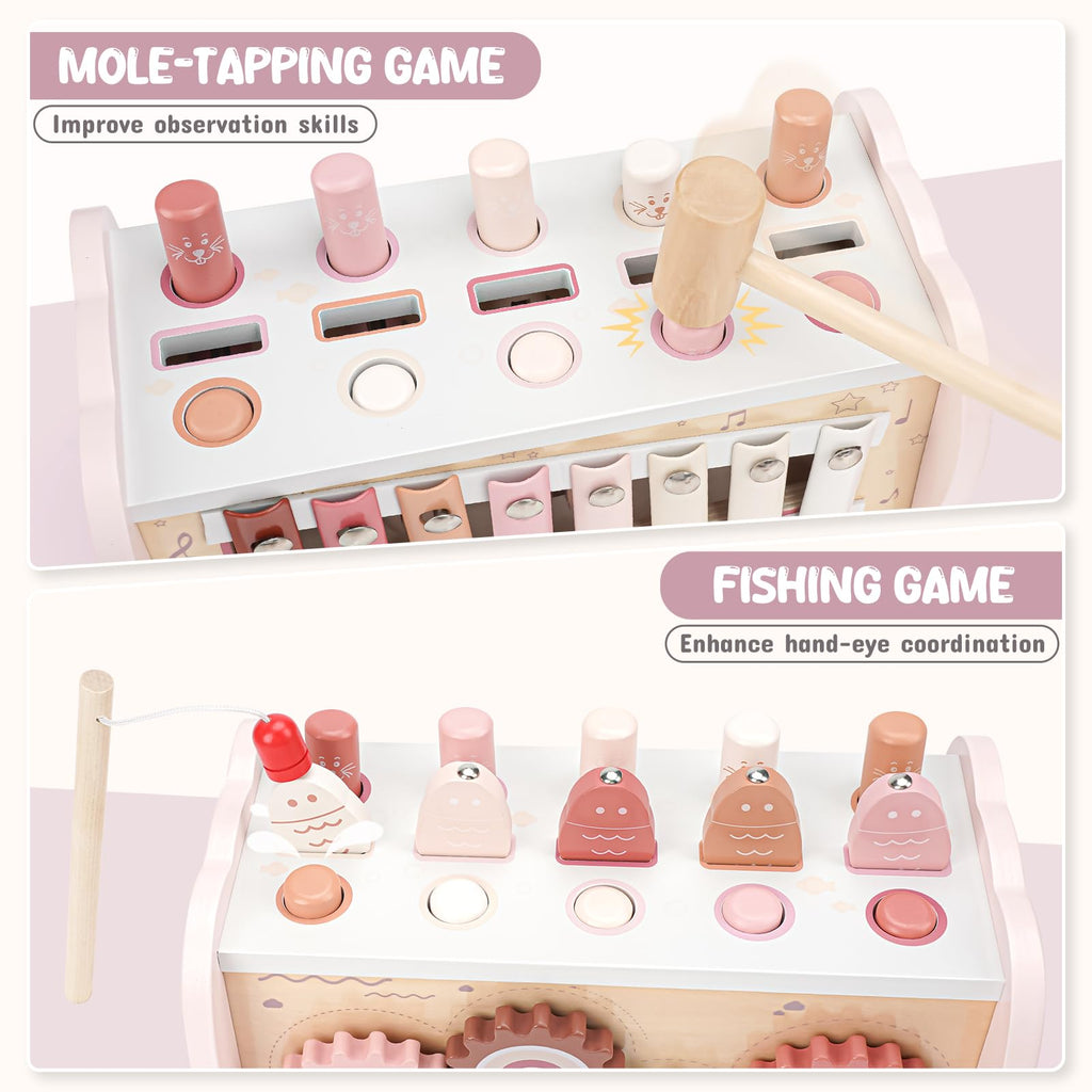 Joyreal Montessori Toys for 1 Year Old Girl Gift - Pink Wooden Hammering Pounding Toy with Xylophone & Fishing Game - Toddler Learning Activities for Kids 1+ 2 3 Year Old Christmas Birthday Gifts