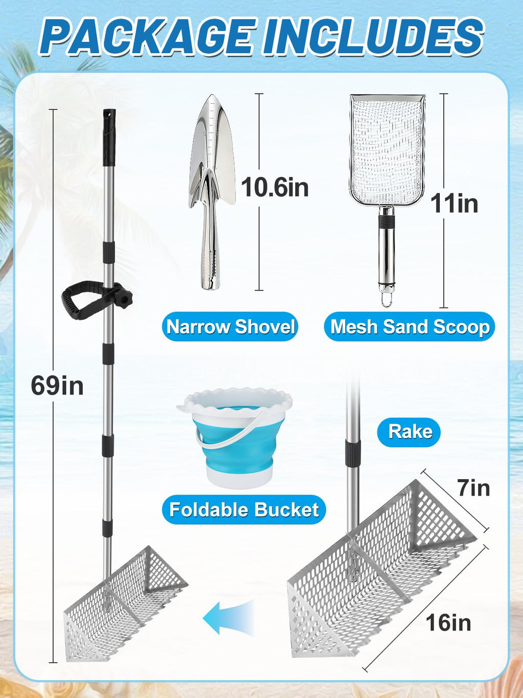 69in Effortless Sand Flea Rake Kit - Anti-Rust Stainless Steel Shark Tooth Sifter with The Narrow Shovel, Mesh Sand Scoop & Bucket, Sands Sifter Shelling Tools for Beach Metal Detecting Beachcombing