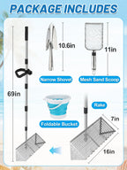 69in Effortless Sand Flea Rake Kit - Anti-Rust Stainless Steel Shark Tooth Sifter with The Narrow Shovel, Mesh Sand Scoop & Bucket, Sands Sifter Shelling Tools for Beach Metal Detecting Beachcombing