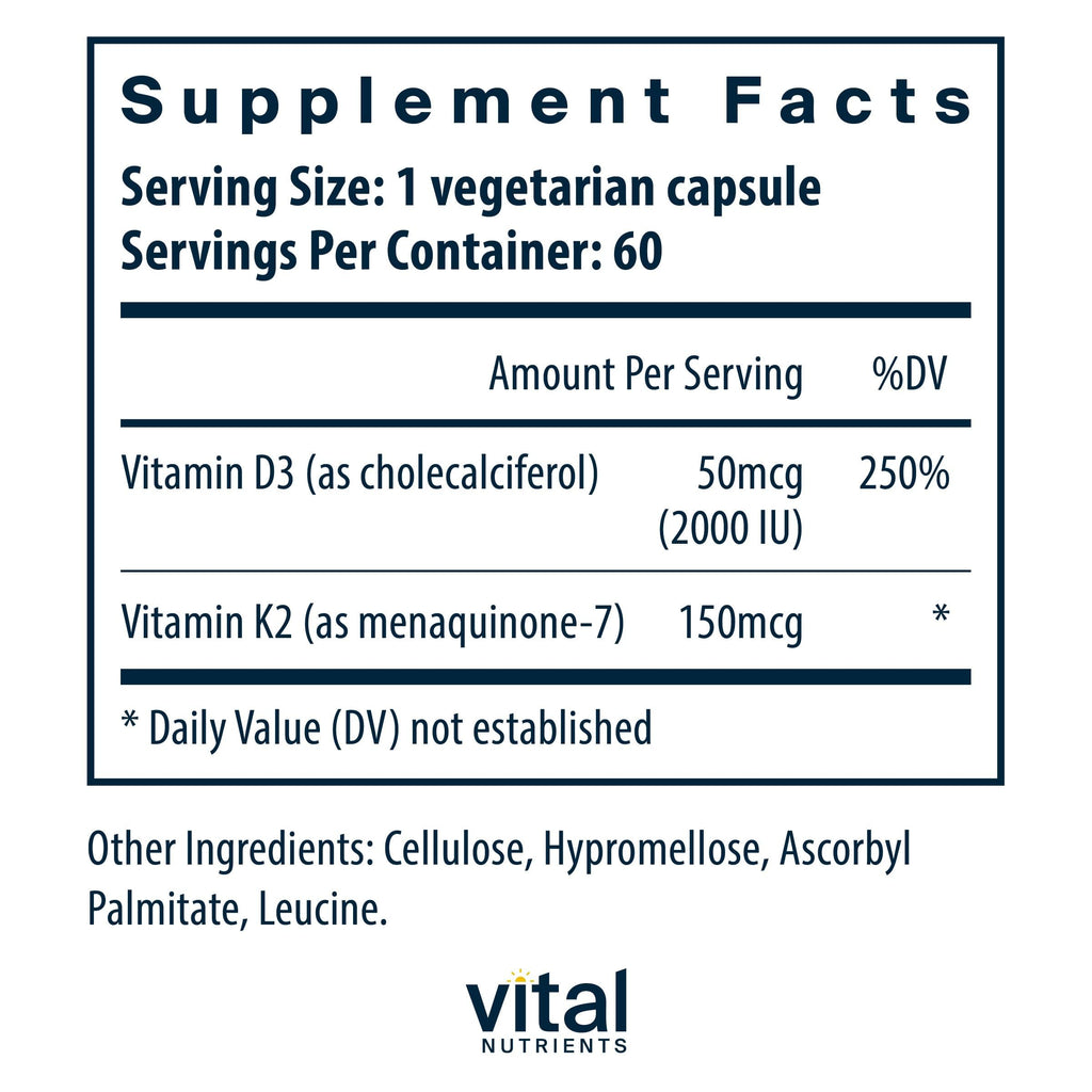Vital Nutrients Vitamin D3 + K2-2000 IU - Vitamin D3 K2 Supplement - Vitamin D Complex for Healthy Calcium Levels, Muscle & Bone Health - Gluten, Dairy, Soy Free - 60 Capsules