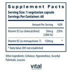 Vital Nutrients Vitamin D3 + K2-2000 IU - Vitamin D3 K2 Supplement - Vitamin D Complex for Healthy Calcium Levels, Muscle & Bone Health - Gluten, Dairy, Soy Free - 60 Capsules