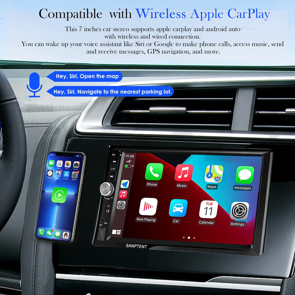 SANPTENT Double Din Car Stereo with Wireless Apple CarPlay & Android Auto, 7-Inch FHD Touchscreen Car Audio Receiver with Rear Camera, Subwoofer, FM Car Radio, USB/AUX/TF Input, Mirror Link, Bluetooth