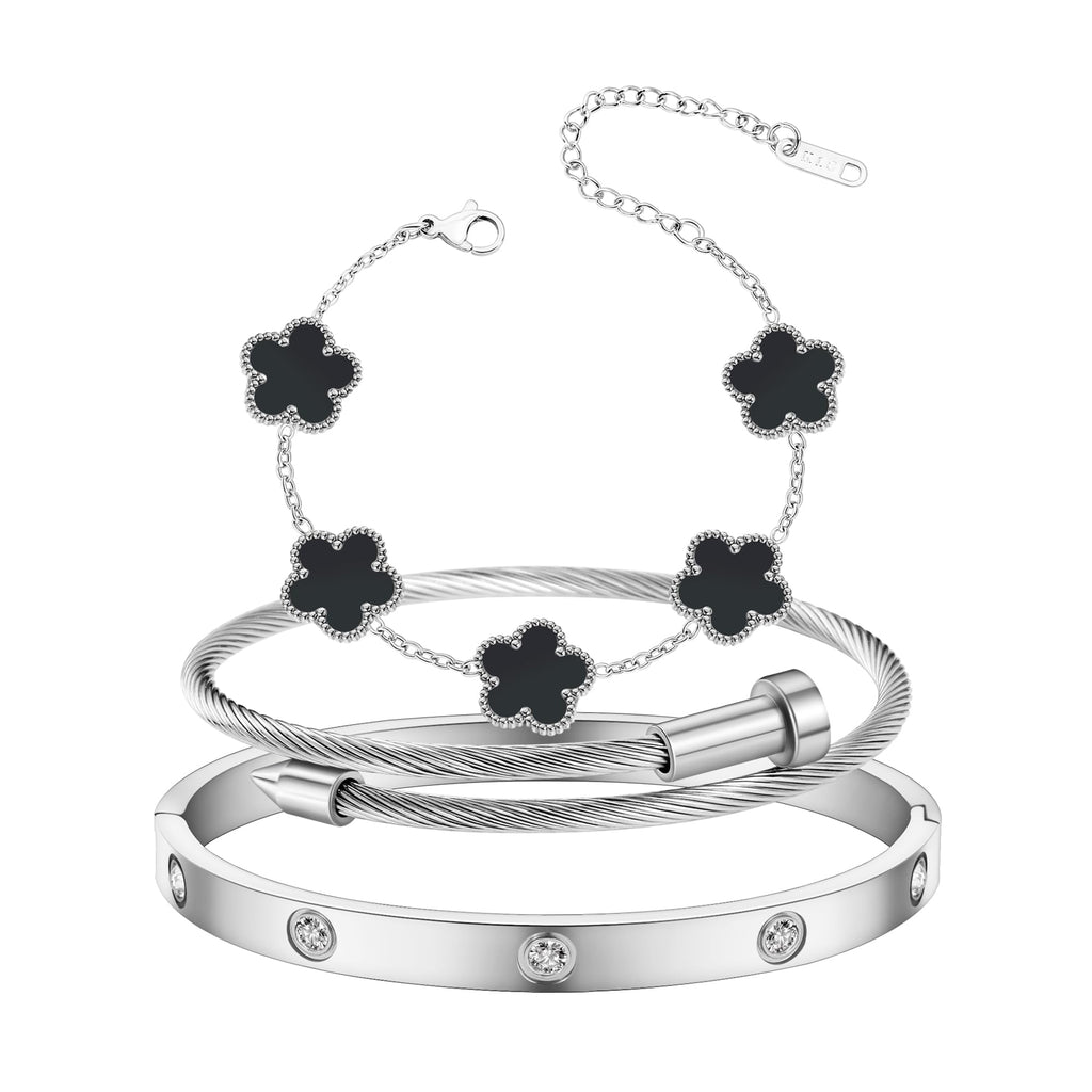 Jade cabbage Gold Bracelets for Women 18K Gold Plated Love Friendship Bracelet With Cubic Zirconia Cuff Bangle Jewelry Set Witness the Gift of Love (Silver 3pcs-B Medium 6.5")