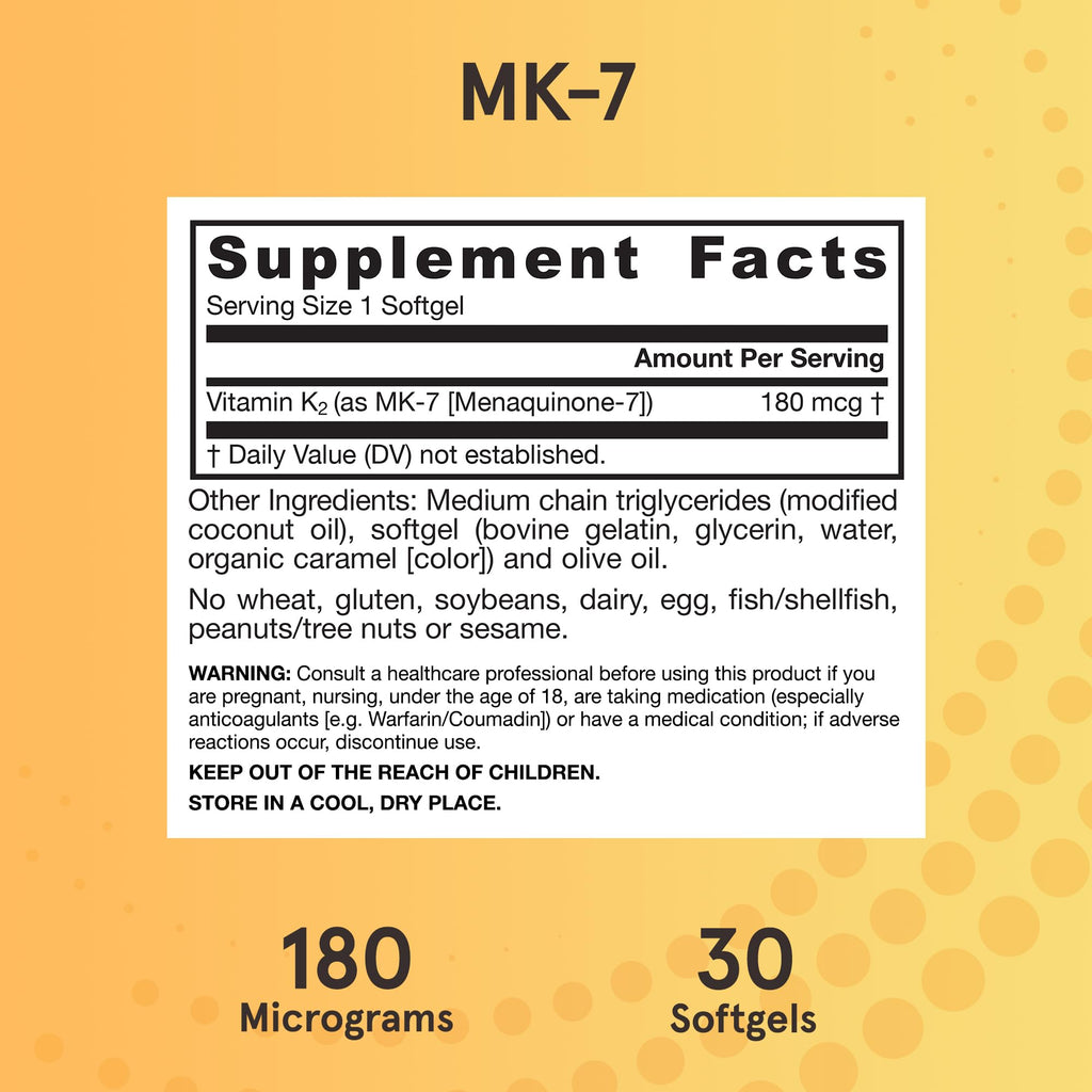 Jarrow Formulas MK-7 180 mcg - Bioactive Form of Vitamin K2-30 Servings (Softgels) - for Bone & Cardiovascular Health - Vitamin K2 MK-7 Dietary Supplement - Gluten Free