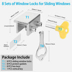 ZRFCXE Window Locks,8 Pack Sliding Window Locks with Key for Vertical & Horizontal Sliding Windows Doors,Easv to Install,Adjustable Security Window Lock for Patio Bedroom Home and Office (Silver)