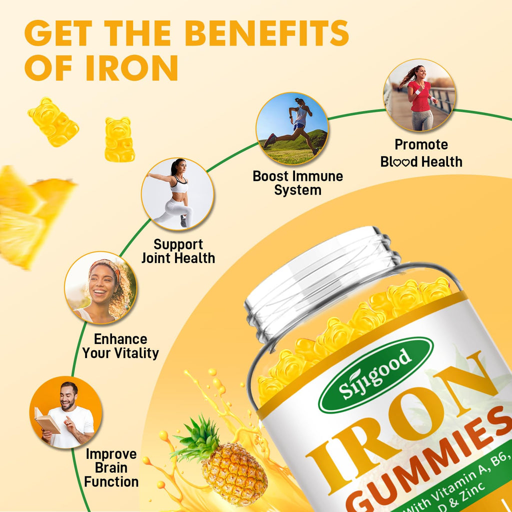 2 Pack Iron Gummies for Women & Men - Vegan Iron Supplement for Anemia & Iron Deficiency, with Vitamin B12, Vitamin C, Zinc, Folate - Energy Boost, Sugar-Free, Pineapple Flavor, 120 Count