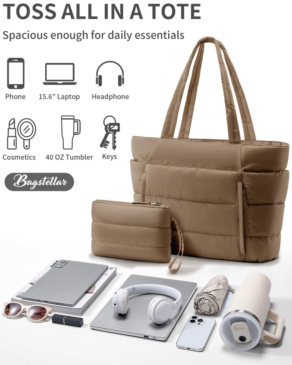 Bagstellar Puffer Tote Bag for Women, Lightweight Puffy Work Tote Handbag