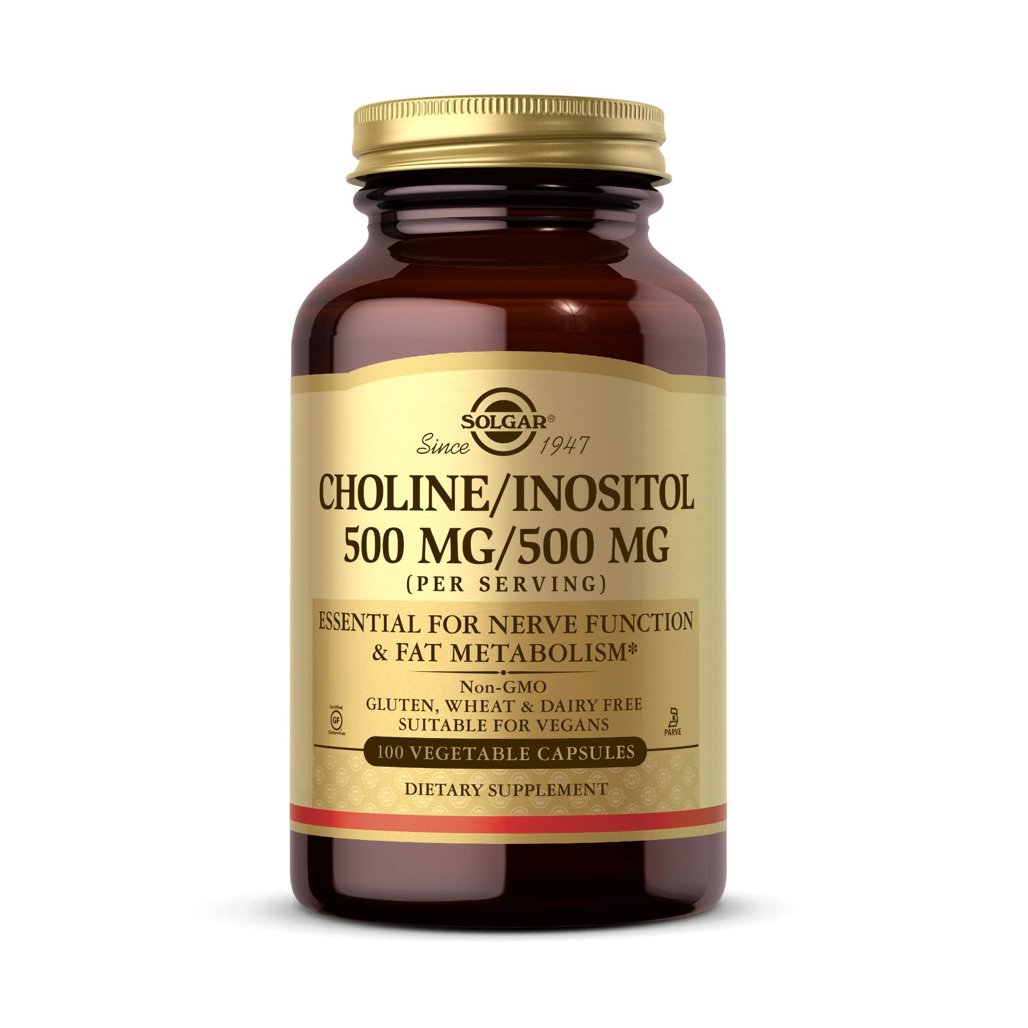 Solgar Choline/Inositol 500 mg/500 mg, 100 Vegetable Capsules - Energy Metabolism, Liver Health, Essential for Brain & Nerve Function - Non-GMO, Vegan, Gluten Free, Dairy Free, Kosher - 50 Servings