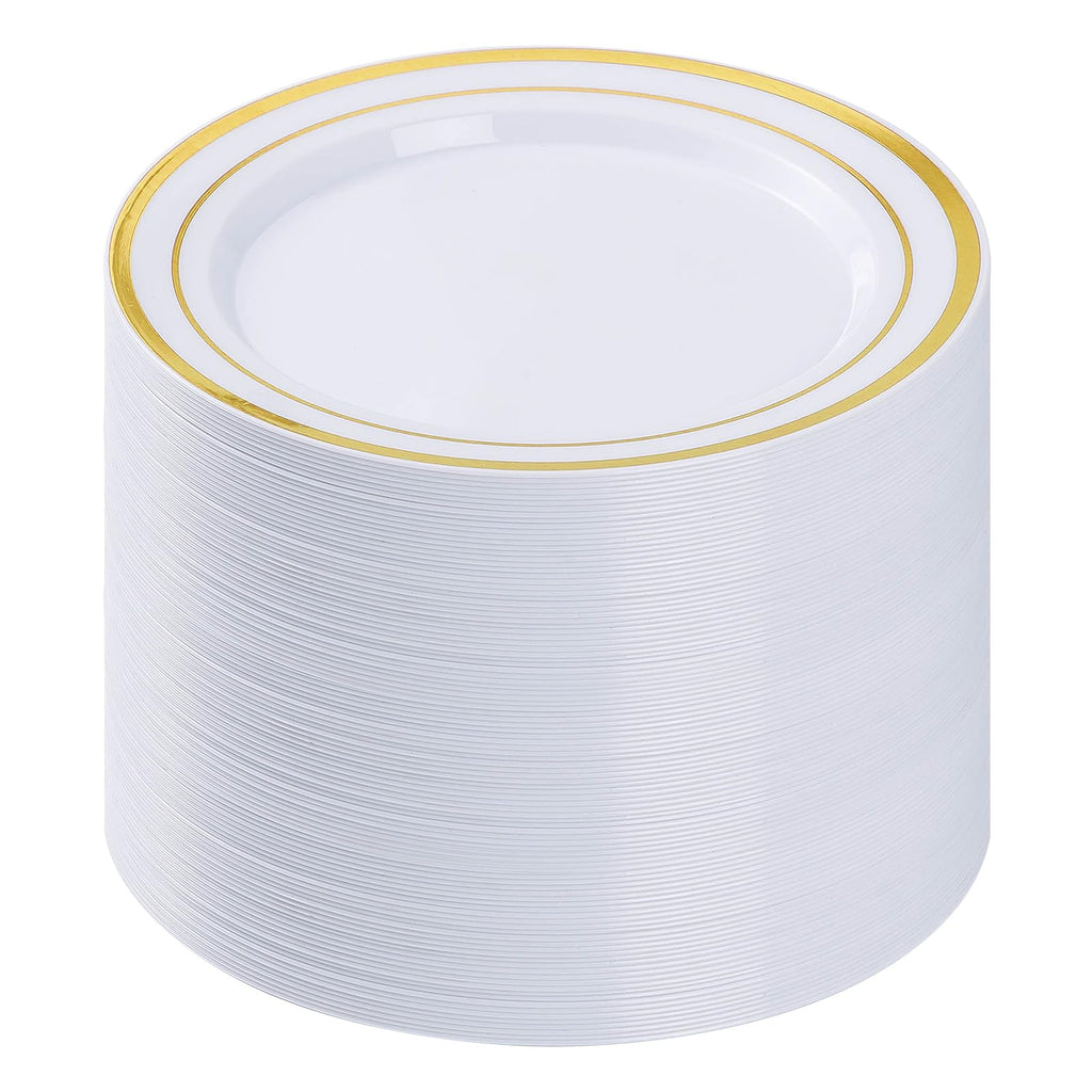 BESTVIP 100Pcs Gold Plastic Plates, 10.25 Inch Disposable Dinner Plates
