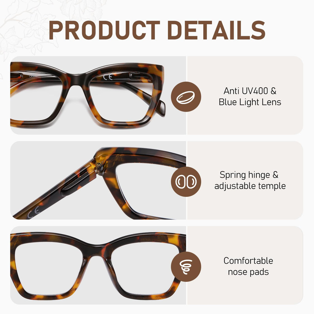 LKEYE Oversized Reading Glasses For Women Men Cat Eye Oprah Style Blue Light Blocking Computer Square Reader Designer Ladies Large Frame Fashion Spring Hinge Cute Eyewear LK6085 3 Pack +2.00 X