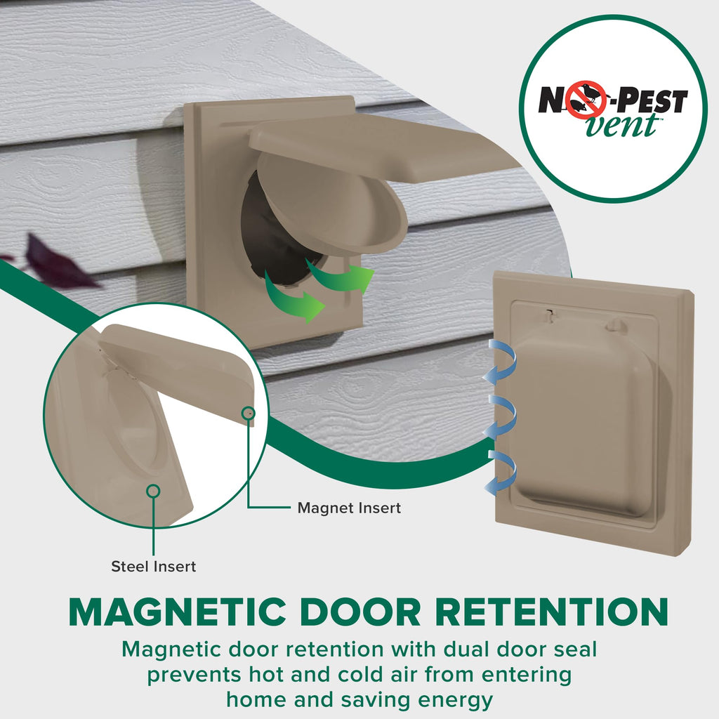 NO-PEST VENT, Exclusive Dual Door Dryer Vent Cover Outdoor 4 inch with Collar, Made in USA w Highest UV Resistant Plastic in any Outdoor Vent Cover (Wood Stock Brown, 4" Plastic WIth Collar)