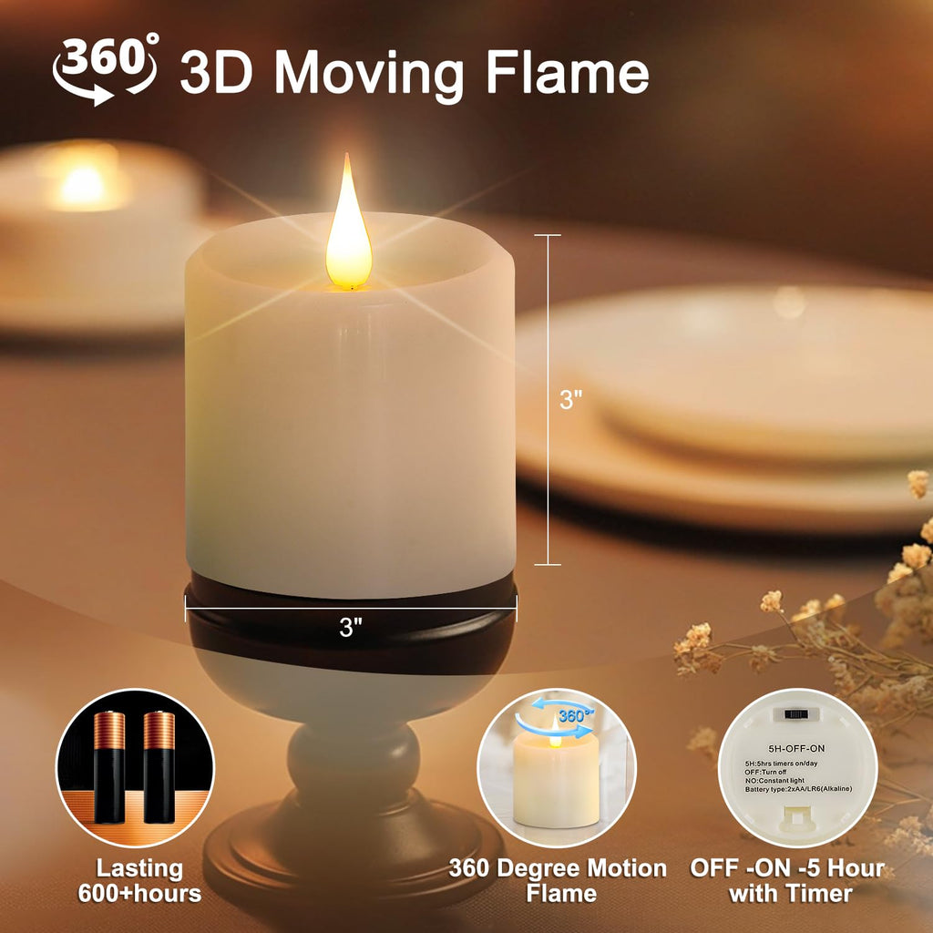 Tediselu Flickering Flameless Candles with 3D Moving Flame, Real Wax Battery Operated Candles with Timer and Remote, Last 600+ Hours, 3" x 3" LED Fake Candles for Home Wedding Christmas Decor, 2 Pack